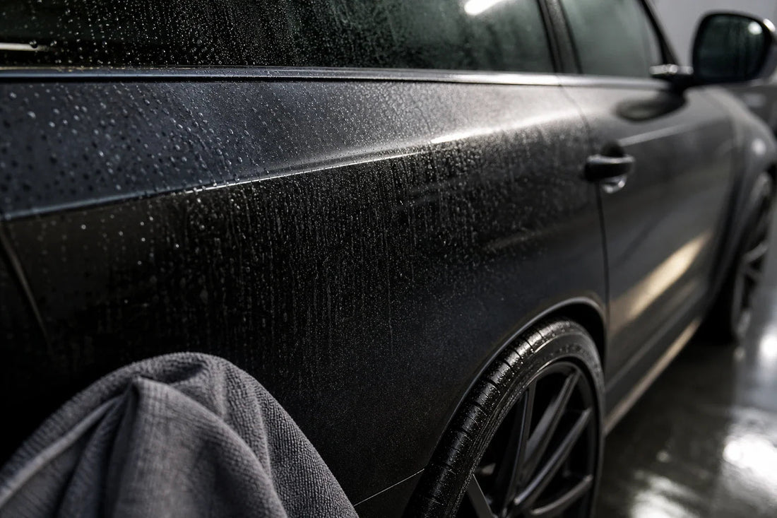 Premium close-up of clean car panel and wheel after water spot care